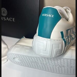 Versace White and Teal Leather Slip-On Sneakers